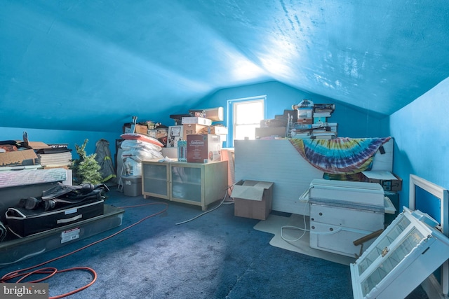 interior space featuring lofted ceiling and carpet floors