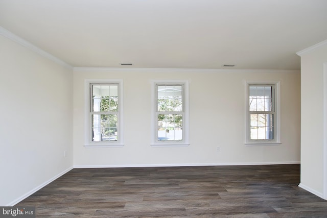 empty room with crown molding, a wealth of natural light, and dark wood-type flooring