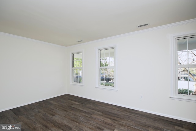 spare room featuring crown molding and dark hardwood / wood-style floors