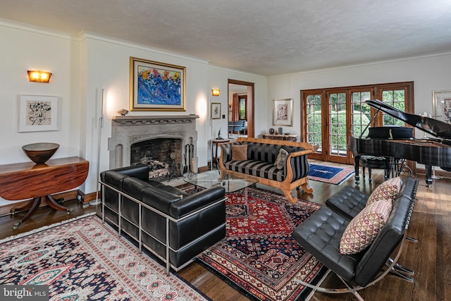 94 N Rd, Princeton, NJ 08540 - living room with wood finished floors, french doors, crown molding, baseboards, and a fireplace