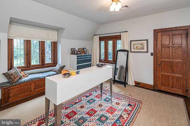 office area with plenty of natural light, vaulted ceiling, and ceiling fan