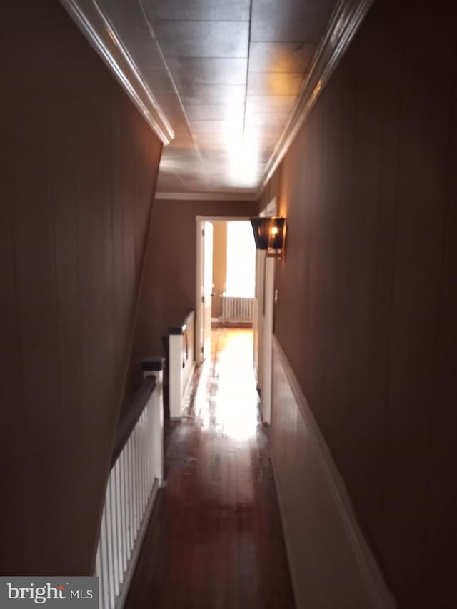 corridor with radiator, dark hardwood / wood-style floors, and ornamental molding