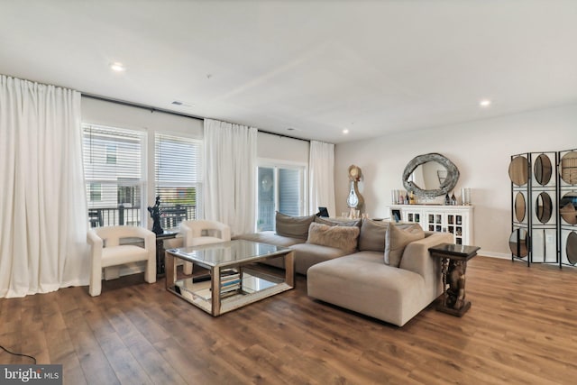 living room with dark wood-type flooring