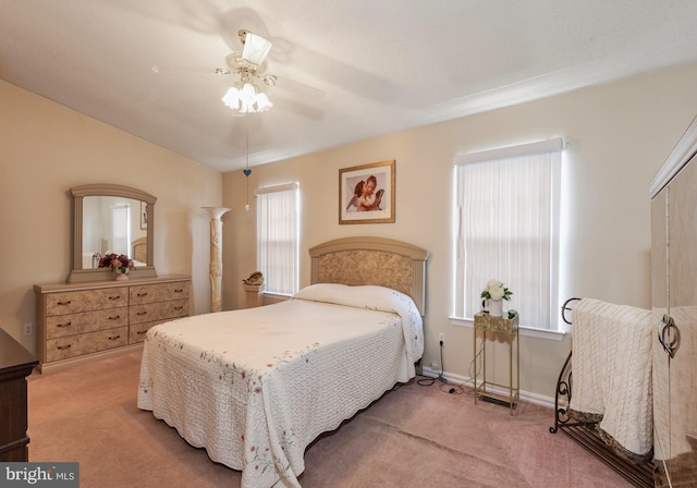 bedroom with carpet, ceiling fan, and a closet