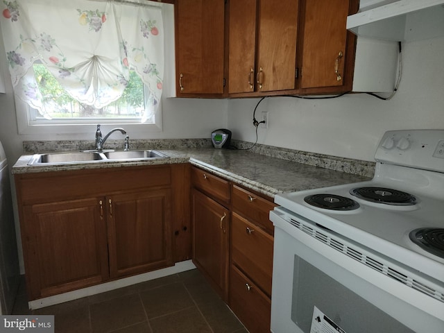 kitchen featuring ventilation hood, dark tile patterned floors, white electric range oven, and sink