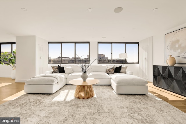 living room with light wood-type flooring, floor to ceiling windows, and a wealth of natural light