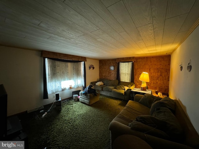 living room featuring wood walls