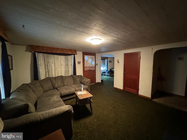 living room with wood ceiling