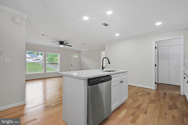 kitchen with white cabinets, an island with sink, light hardwood / wood-style flooring, dishwasher, and sink