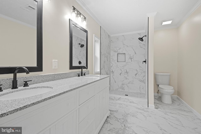 bathroom featuring vanity, crown molding, a tile shower, and toilet