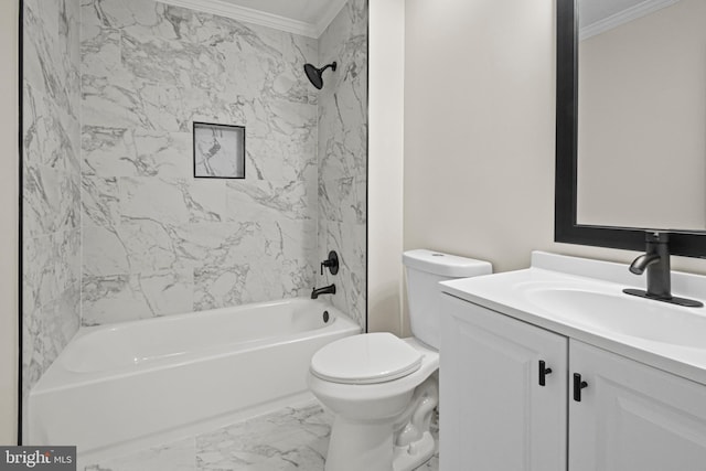 full bathroom featuring tiled shower / bath, vanity, ornamental molding, and toilet