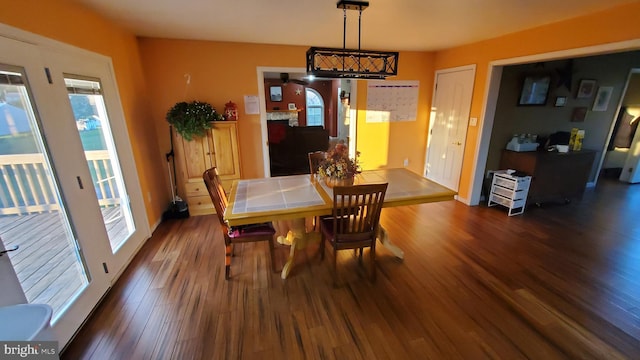 dining space with dark wood-type flooring