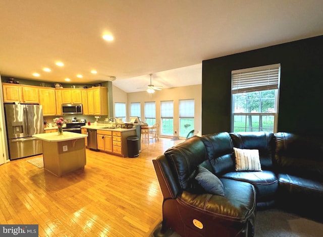 kitchen featuring lofted ceiling, light countertops, light wood-style flooring, appliances with stainless steel finishes, and open floor plan