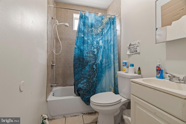 full bathroom with shower / bath combination with curtain, vanity, tile patterned flooring, and toilet