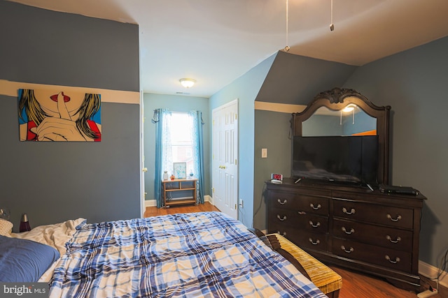 bedroom featuring hardwood / wood-style flooring, a closet, and lofted ceiling