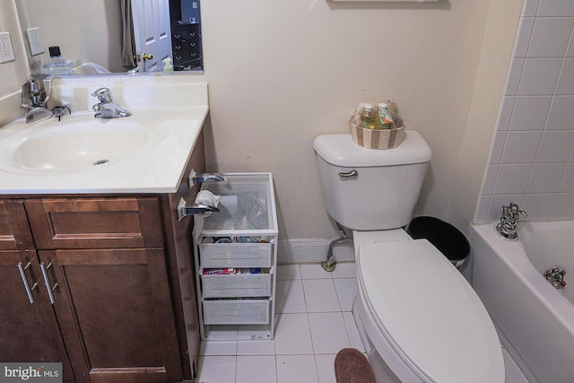 full bathroom with shower with separate bathtub, vanity, toilet, and tile patterned floors