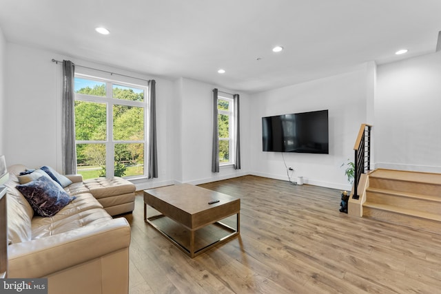 living room with light hardwood / wood-style flooring and a wealth of natural light