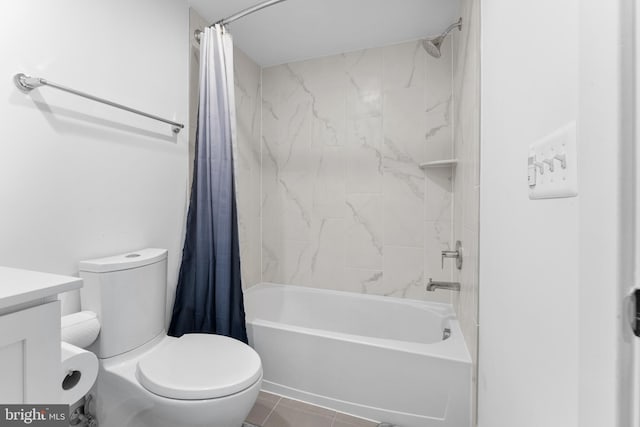 full bathroom featuring shower / bath combination with curtain, tile patterned floors, vanity, and toilet