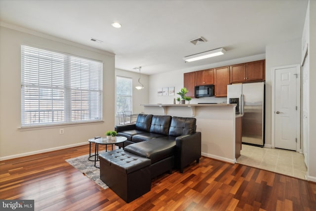 living room with crown molding and dark hardwood / wood-style flooring