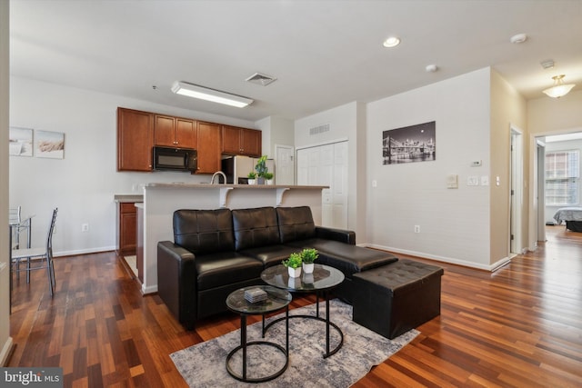 living room featuring dark wood-type flooring