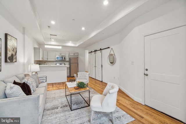 living room with a tray ceiling, light hardwood / wood-style floors, crown molding, and sink