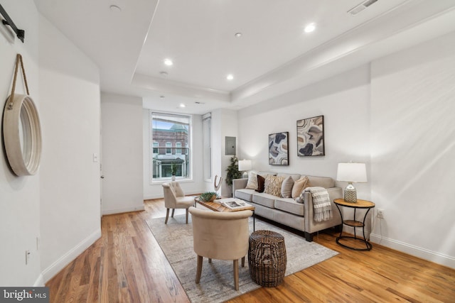 living room featuring light hardwood / wood-style flooring and a tray ceiling