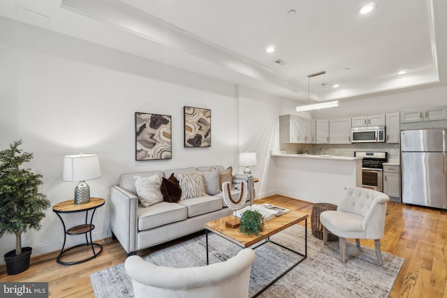 living room with light wood-type flooring, a tray ceiling, and sink