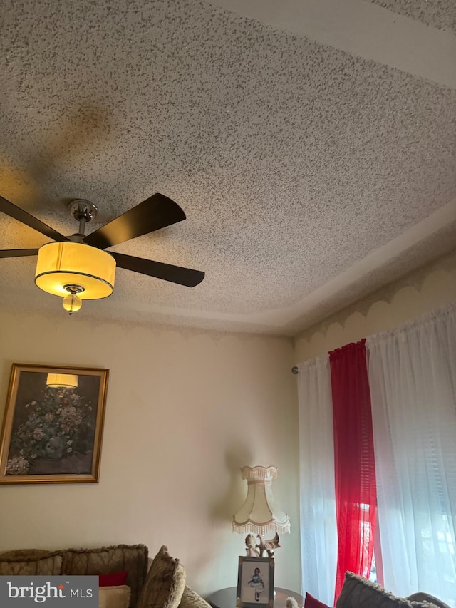 interior details with a textured ceiling and ceiling fan