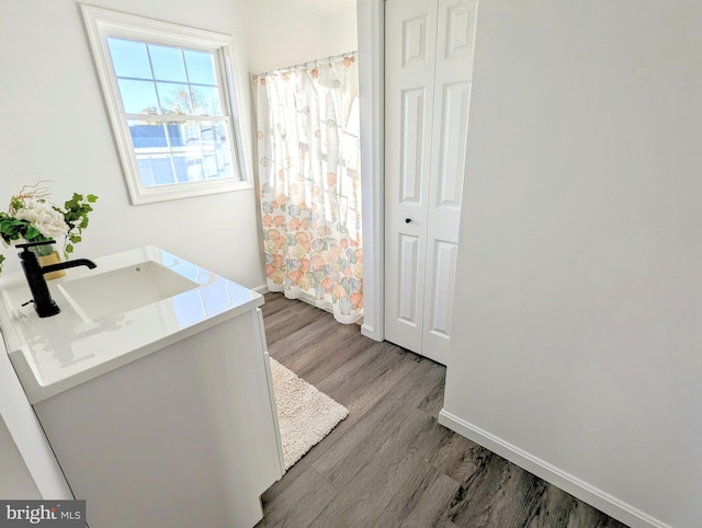 bathroom with hardwood / wood-style floors and vanity