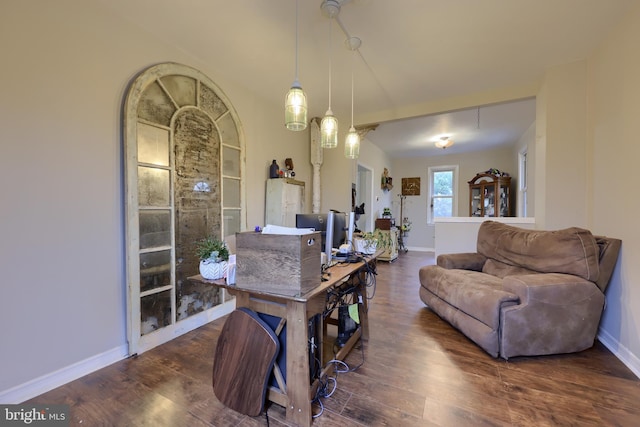 interior space featuring vaulted ceiling and dark wood-type flooring