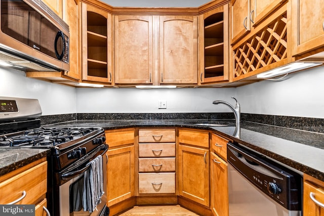 kitchen with light hardwood / wood-style flooring, dark stone countertops, appliances with stainless steel finishes, and sink