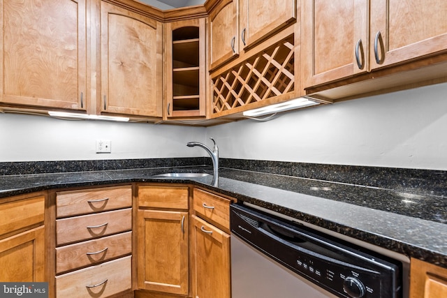 kitchen with dark stone counters, sink, and stainless steel dishwasher