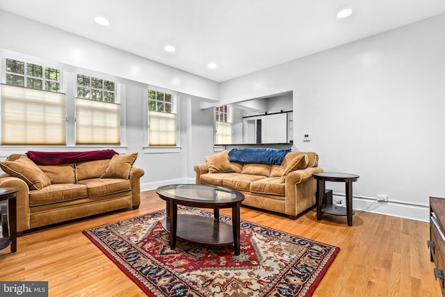 living room featuring a barn door and hardwood / wood-style floors