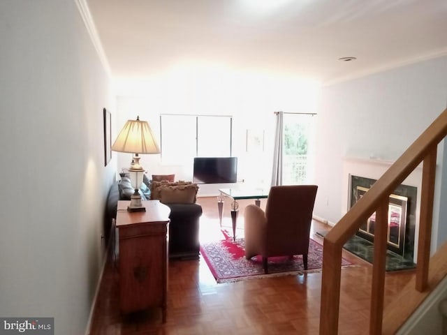 living room with crown molding and dark parquet flooring