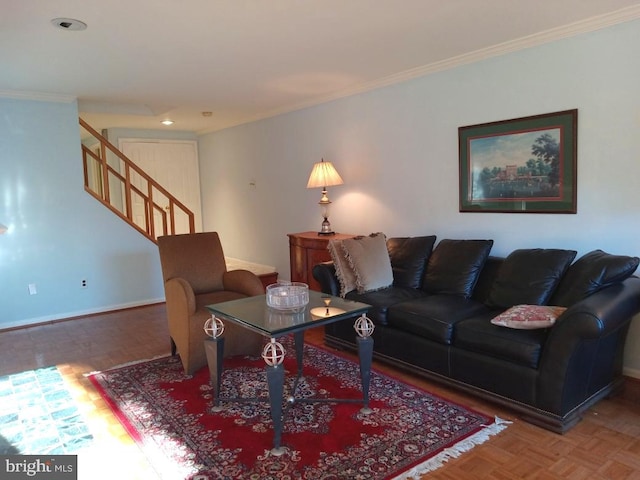 living room featuring crown molding and parquet floors