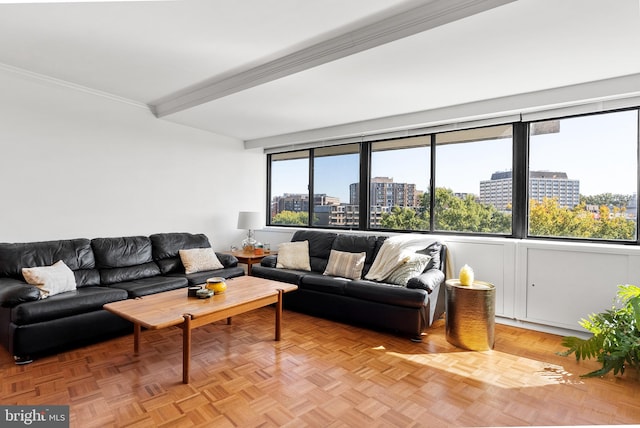 living room featuring beam ceiling, crown molding, and light parquet flooring