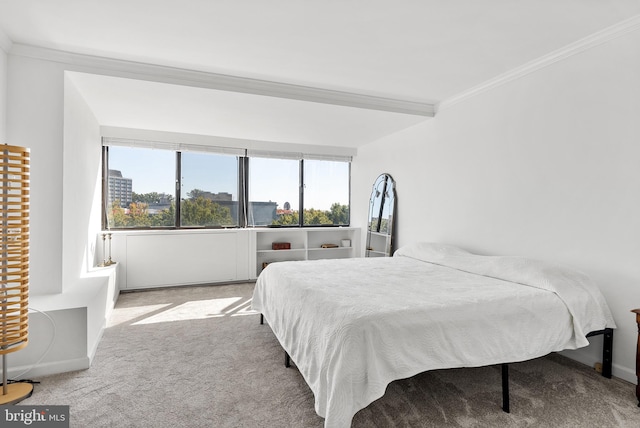 bedroom featuring light carpet and crown molding