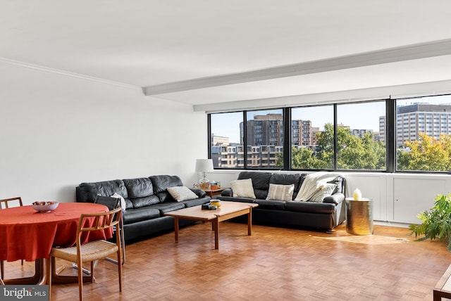 living room featuring light parquet floors and crown molding