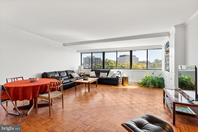 living room with light parquet floors and ornamental molding