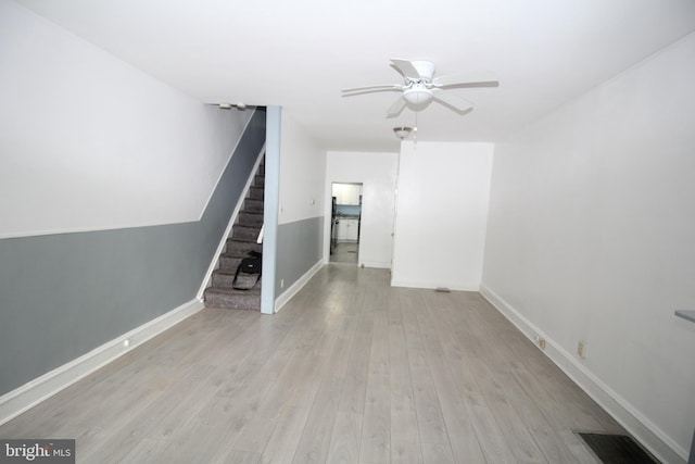 unfurnished living room with ceiling fan and light wood-type flooring