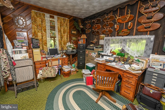 office area featuring carpet flooring and wooden walls