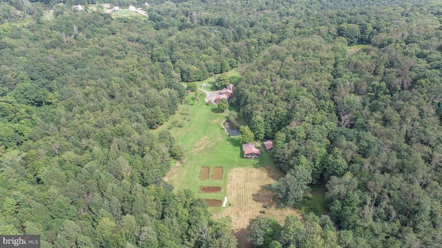 aerial view featuring a wooded view