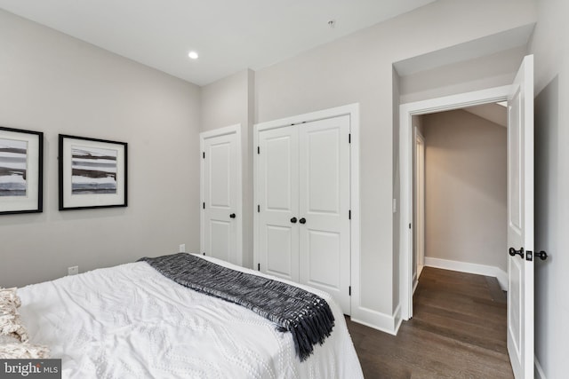 bedroom featuring dark wood-type flooring and a closet