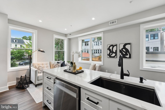 kitchen with white cabinets, dishwasher, plenty of natural light, and sink