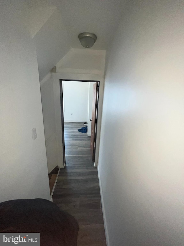 hallway with lofted ceiling and dark hardwood / wood-style flooring