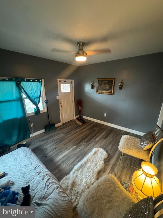 entrance foyer featuring ceiling fan, lofted ceiling, and dark hardwood / wood-style flooring