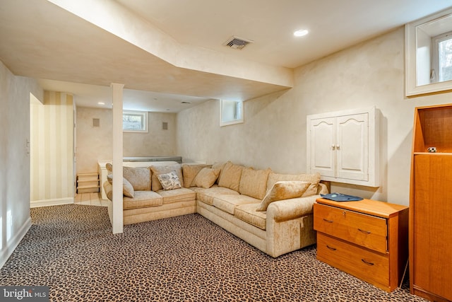 living room featuring light colored carpet