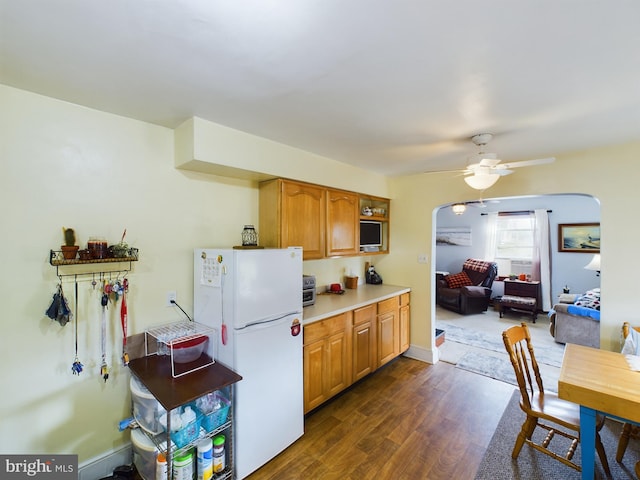 kitchen with dark hardwood / wood-style flooring, ceiling fan, and white refrigerator