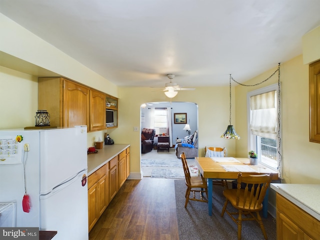 kitchen with ceiling fan, decorative light fixtures, white fridge, and dark hardwood / wood-style flooring