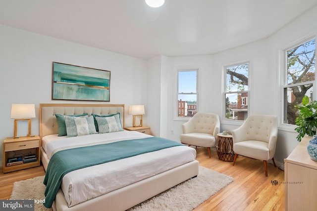 bedroom with multiple windows and light hardwood / wood-style floors